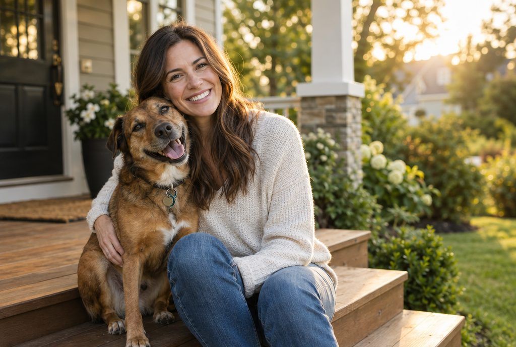 A smiling woman on her front porch steps hugging her brown mixed-breed dog at golden hour