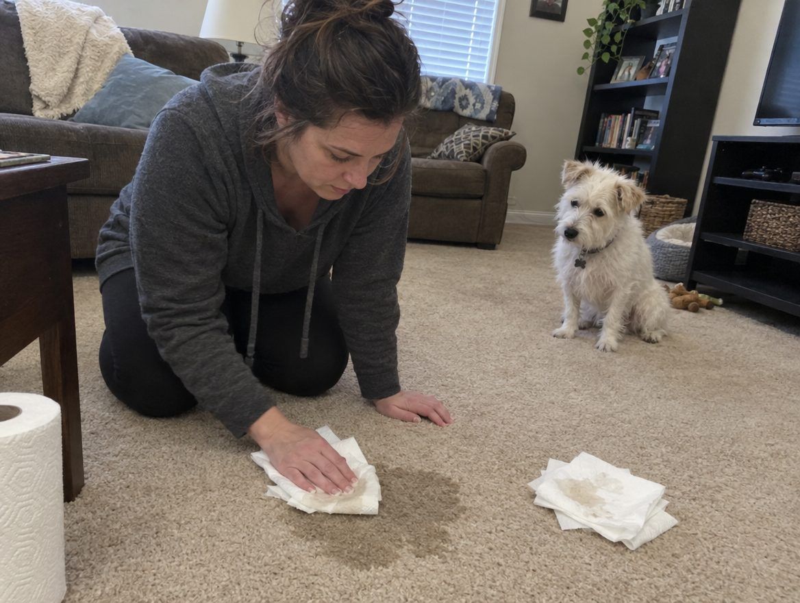 A woman blotting a wet carpet stain while her small terrier watches