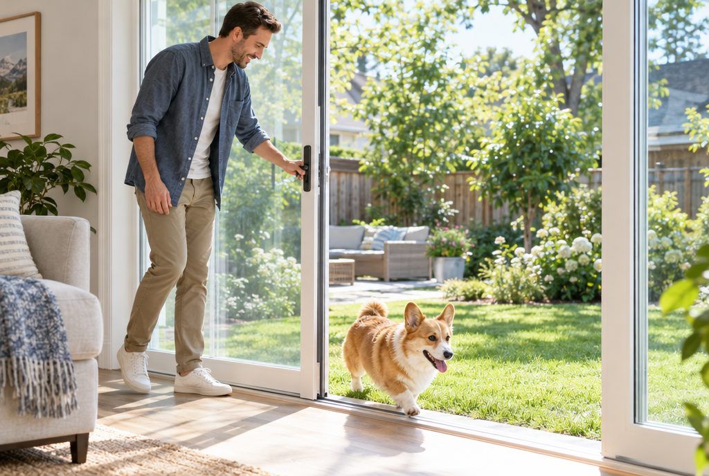 A man opening the back door as his corgi runs out into a sunny backyard