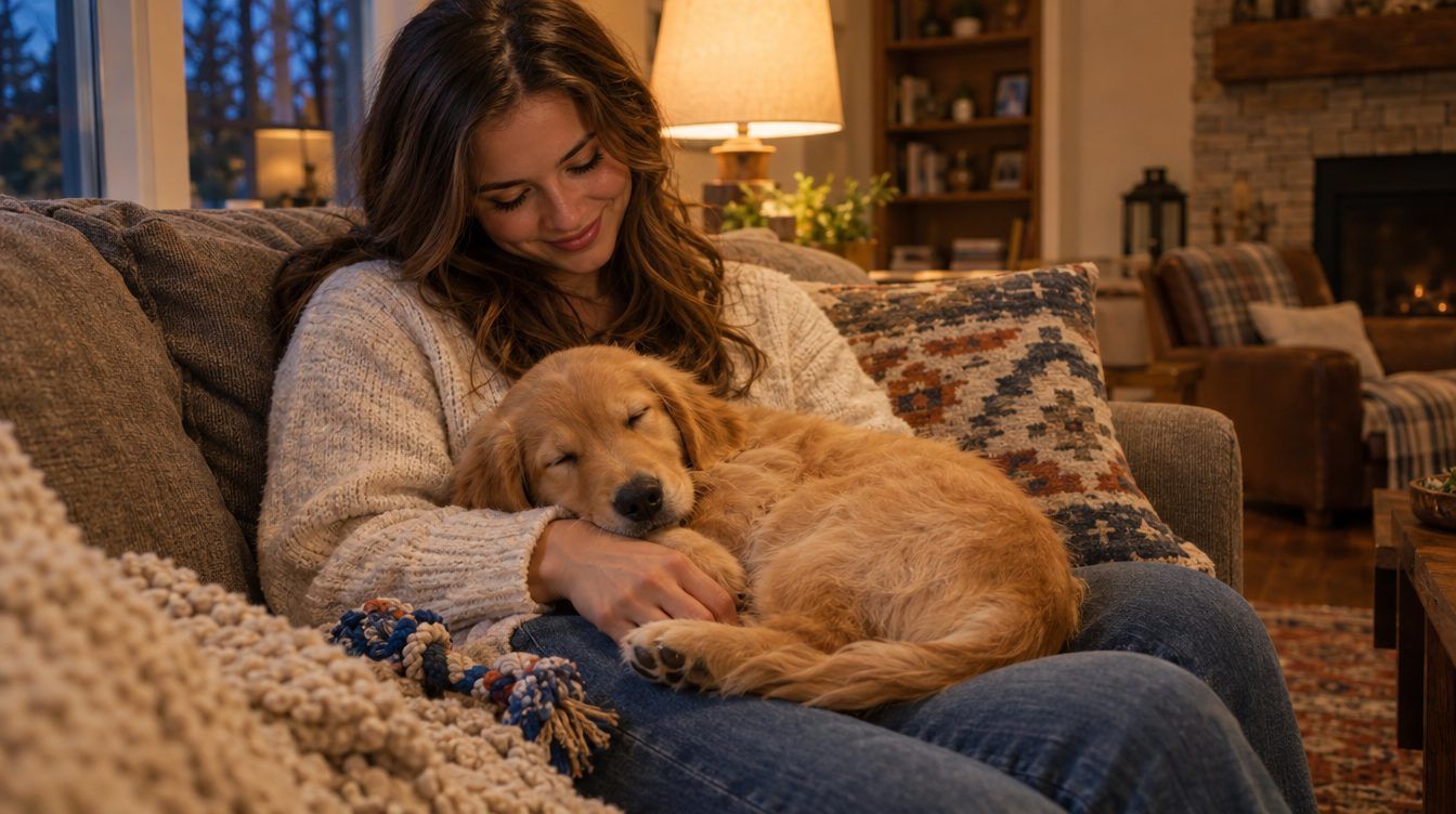 A golden retriever puppy asleep on its owner’s lap on the sofa