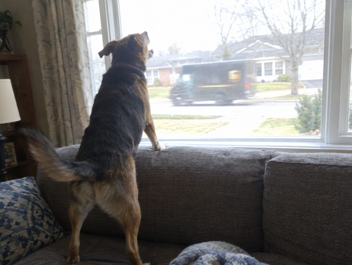 A dog on the couch barking at a delivery truck through the front window