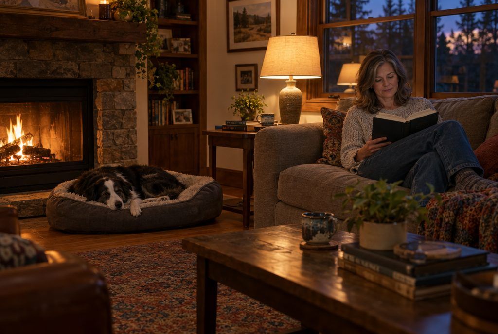 A calm border collie mix resting by the fireplace while its owner reads
